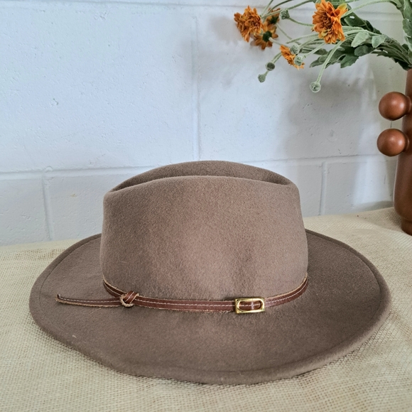 Hatattack Wool Felt Tan Wide-Brim Hat Leather Band OS - Picture 5 of 13